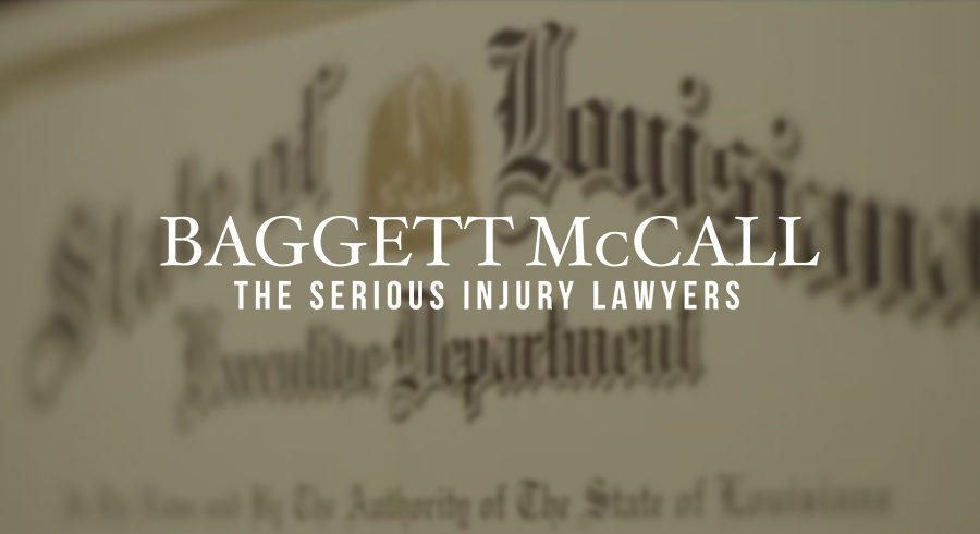 Baggett McCall Injury Lawyers Logo over State of Louisiana Law License document