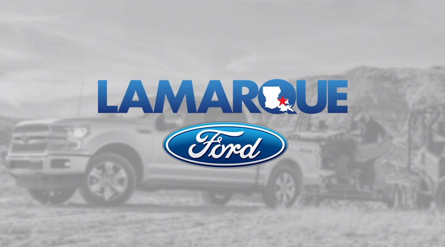 Lamarque Ford logo over a faded black and white image of a ford F-150