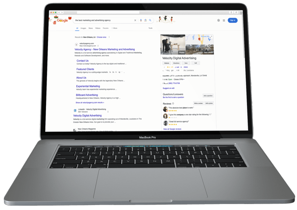 Velocity search engine optimization results on a laptop screen