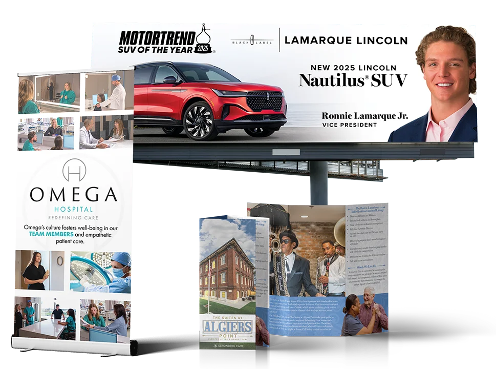 Billboard, trifold brochure, and rollup banner designs created for Louisiana businesses by Velocity Agency
